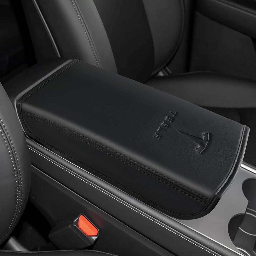 Armrest Cover Designed for Tesla Model 3/Y 2017-2023 2024, Leather Center Console Armrest Box Cover Anti-Scratch Protector Pad Interior Accessories for Tesla Model 3 Model Y 2017-2024 (Gravure Black)