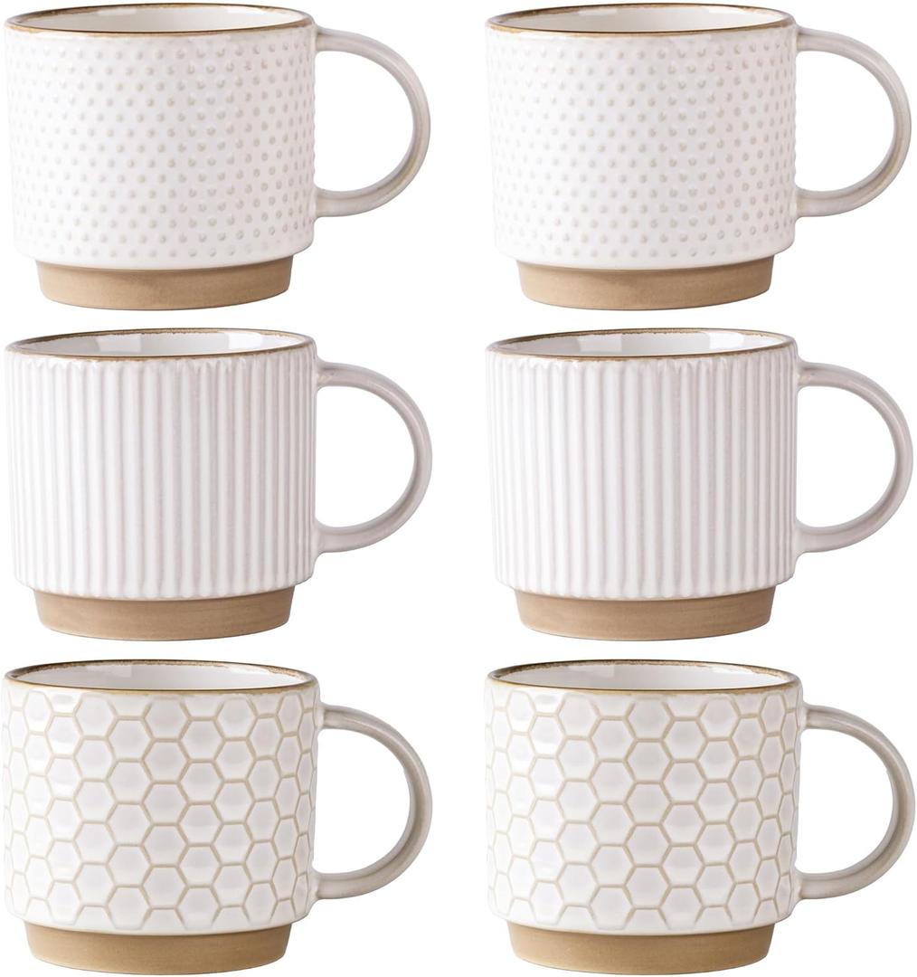 GBhome 12OZ Stackable Coffee Mugs Set of 6, Ceramic Coffee Mugs with Texture Patterns for Man,Woman,Dad,Mom, Modern Coffee Cups for Latte/Cappuccino/Cocoa. Dishwasher&Microwave Safe, Off White