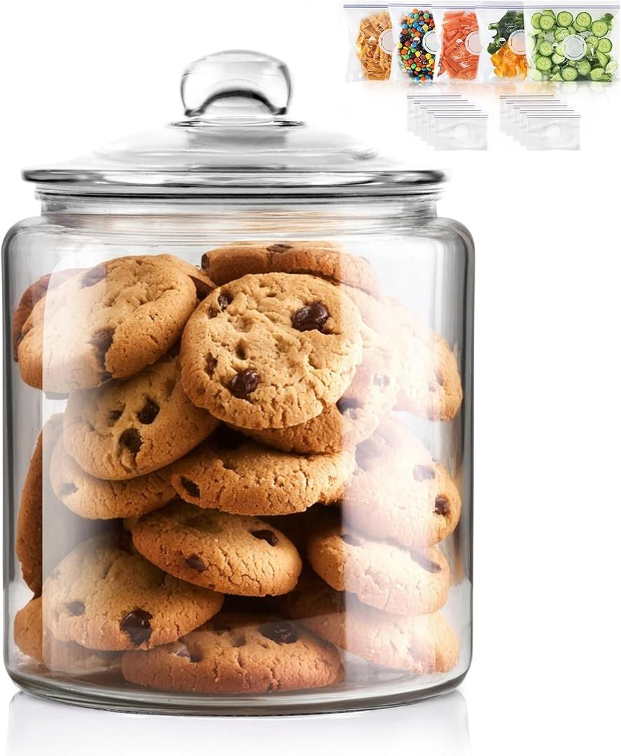 Masthome Large Glass Jar,1 Gallon Glass Jar with Lid, Airtight,Dishwasher Safe,Wide Mouth Storage Canister for Pasta,Flour,Nuts,Cookies,& More-Send 15 Food Storage Bags