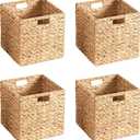 11x11x11 Wicker Storage Basket Set of 4, Water Hyacinth Woven Basket with Handles, Wicker Cube Storage Bins for Shelves, Foldable Square Storage Cubes for Living Room Bedroom Organizing, Natural