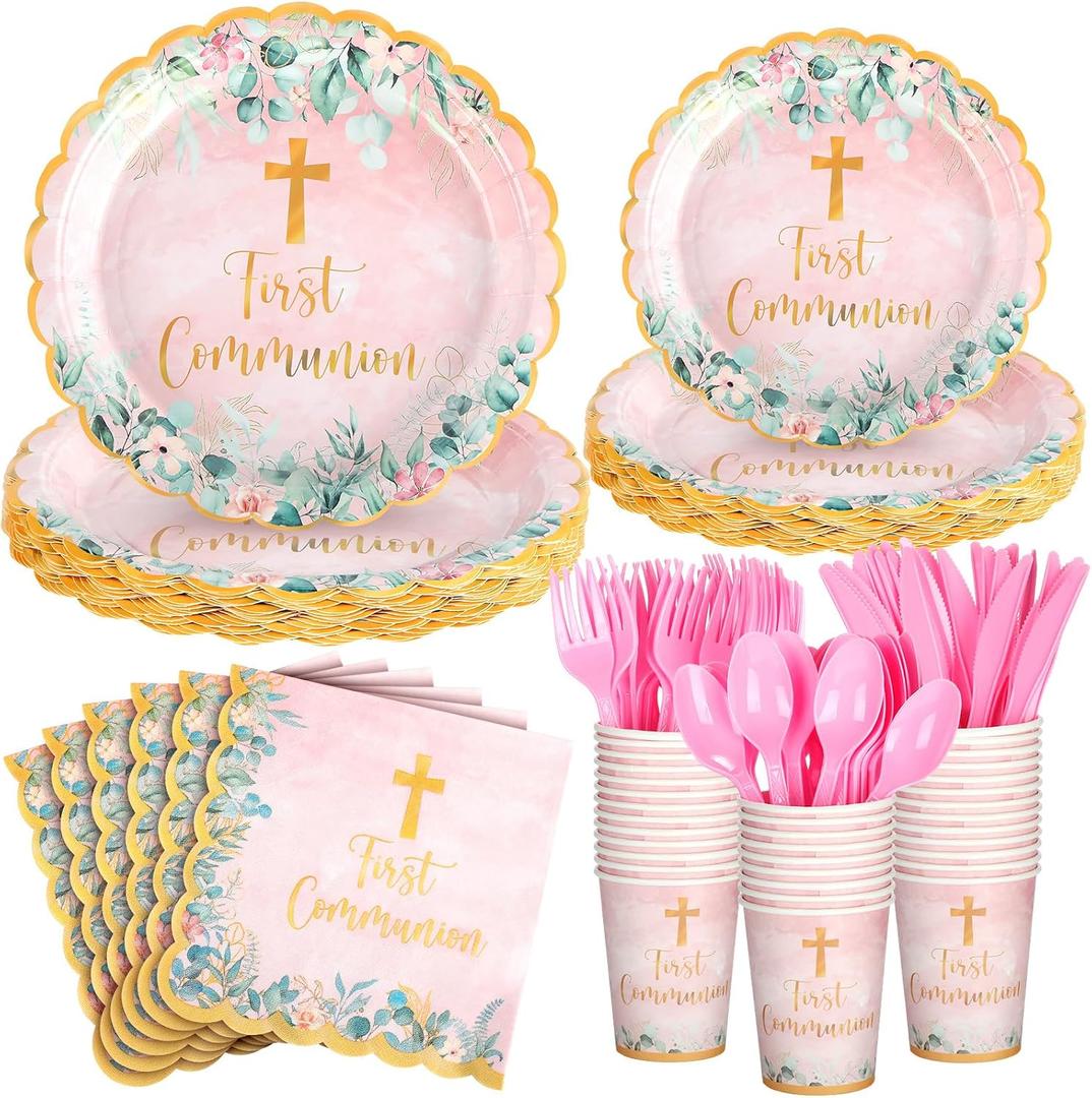 Willinglong 175 Pcs Pink First Communion Decorations for Girl First Holy Communion Disposable Tableware Pink Baptism Party Favor Decorations Table Decoraion for Baby Shower 25 Guest Supplies