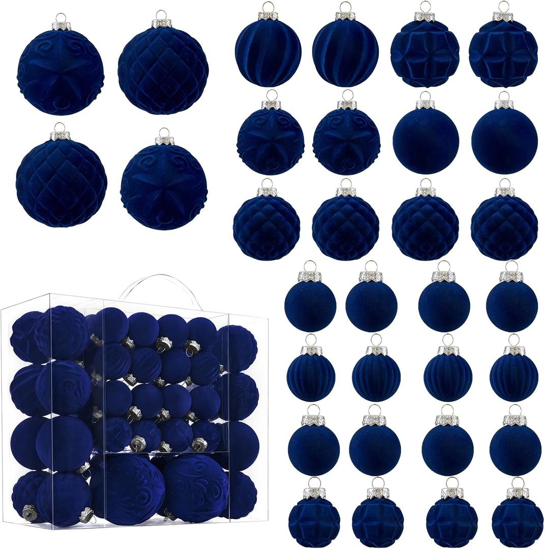 Velvet Christmas Ball Ornaments - 46pcs Flocked Christmas Tree Decorations Set Assorted Shatterproof Hanging Ornaments with Loop for Xmas Holiday Home Decor, 3 Sizes (Navy Blue)