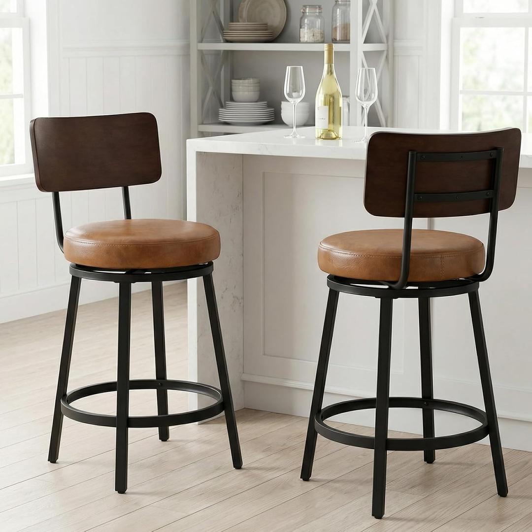 Swivel Bar Stools Set of 2, 26" Counter Height Barstools with Solid Wood Back & Metal Legs, Faux Leather Bar Chairs, Mid-Century Modern Counter Stools for Kitchen Island, Caramel Brown