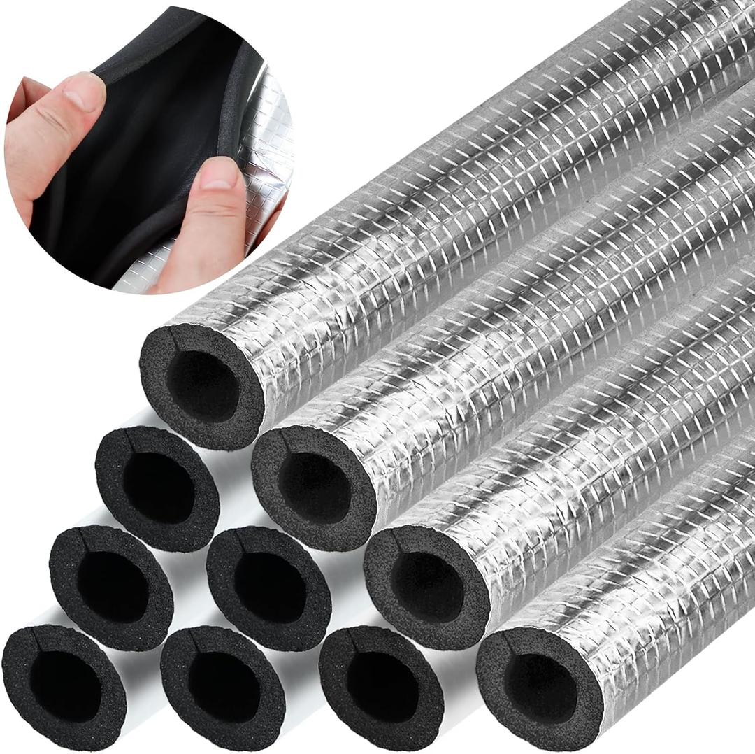 10 Pcs Pipe Insulation Foam Tube Self Adhesive Insulation Foam Wrap Aluminum Foil Pipe Covers for Spigot, Winter Outside Pipes, Sprinkler, Water Heater Pipes Freeze Protection (1.3 Ft x 0.8 Inch)