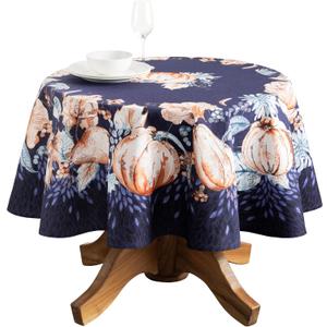 Maison d' Hermine Table Cloth Round Table 100% Cotton 63 Inches Fall Tablecloth Reusable Everyday Use for Thanksgiving Christmas Decorations Dining Farmhouse Party (Pumpkin Blues)