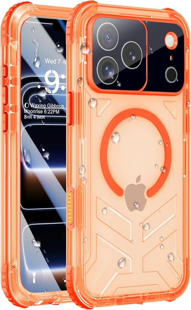iPhone 17 Pro Waterproof Case with Magsafe, Built-in [Camera & Screen Protector] [Lanyard], IP68 Water Proof Full Body Dustproof Heavy Duty Frosted Protective Phone Cover, 6.3" Orange