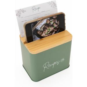 Sage Green Recipe Organizer with Wooden Lid - Set Includes 12 Dividers & 30 Blank 4 x 6" Recipe Cards