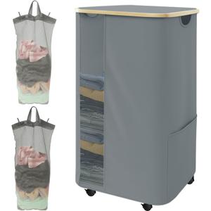 Rolling Laundry Hamper with Lid & Wheels, 110L Slim Double Grey Laundry Hamper 2 Section, Narrow Large Laundrys Hampers with Removable Bags&Breathable Mesh, Dirty Clothes Hampers for Bedroom