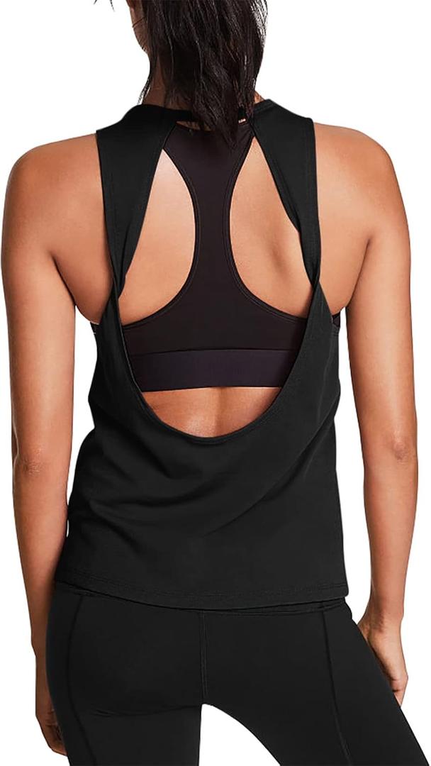 Mippo Workout Tops for Women Open Back Yoga Shirts Tank Tops Athletic Tops Gym Workout Clothes (X-Small, Black)