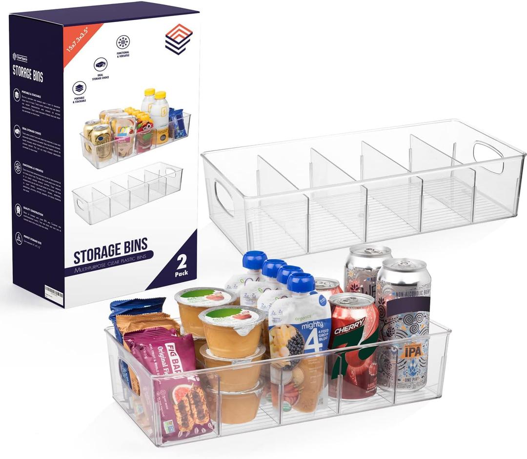 ClearSpace Plastic Pantry Organization and Storage Bins with Removable Dividers  2 Pack XL Perfect Kitchen Organization or Kitchen Storage  Refrigerator Organizer Bins, Cabinet Organizers