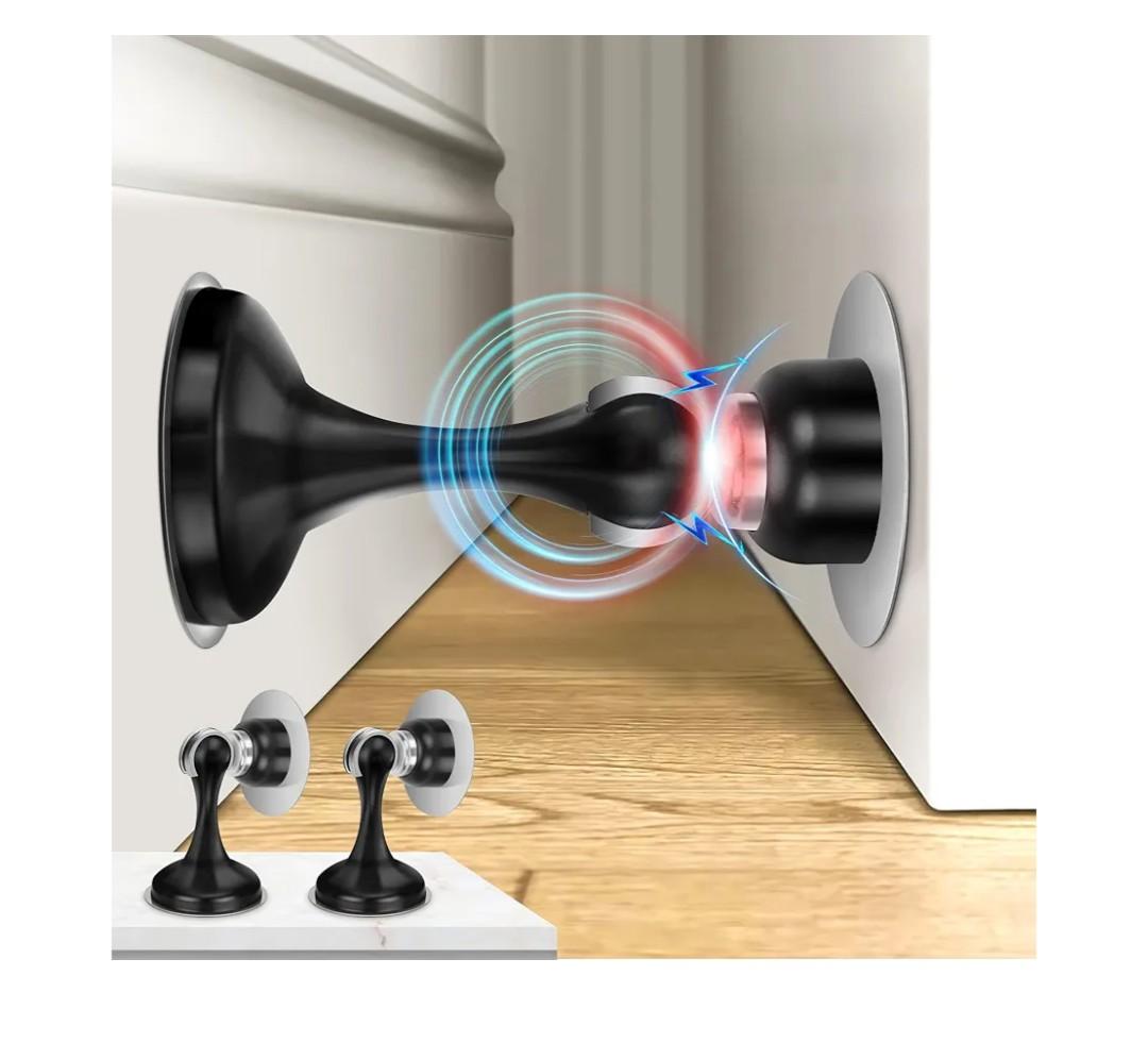 Crosize Magnetic Door Stoppers 2 Pack, Stainless Steel Door Stops, Wall-Mounted and Floor Mounting Metal Doorstops, Door Holder Keep Door Open, No Drilling Door Stop with Adhesive Tapes, Black