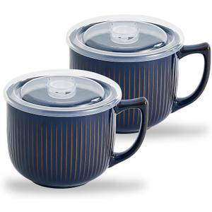 Ceramic Soup Bowl with Handle 32oz Microwave Ramen Bowl with Lid, Soup Mugs & Cups for Cereal, Oatmeal, Ramen, Instant Noodle, Soup Container with Lid - Set of 2 (Vintage Blue)