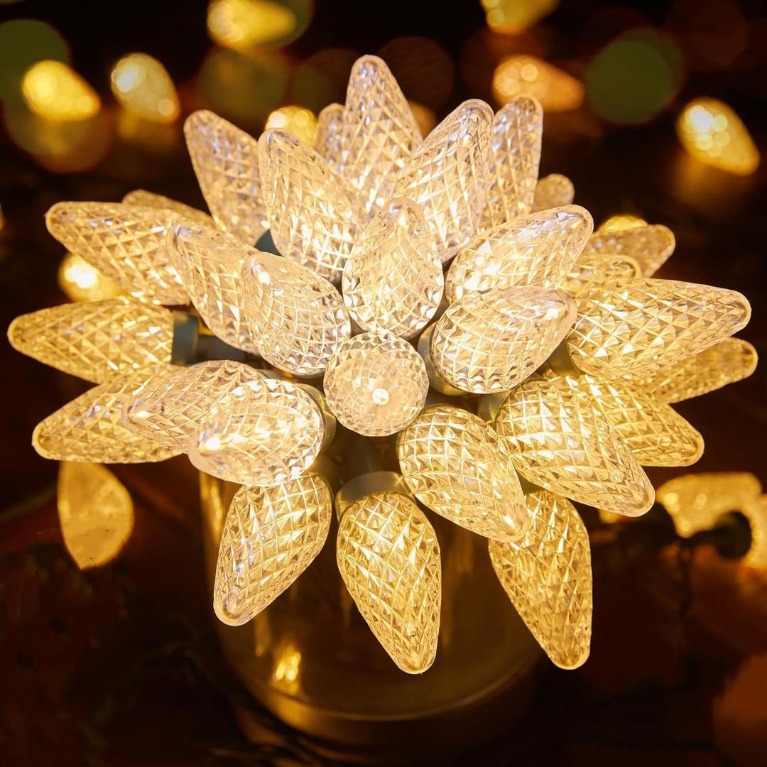 Brightown C9 LED Christmas String Lights, 66ft 100 LED Waterproof Strawberry String Lights, Plug-in Extendable Green Wire Lights String for Outdoor Indoor Outside Patio Wedding Party Decoration (Warm White)