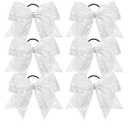 DEEKA 6PCS 8" Large Glitter Cheer Bows with Full Rhinestones Colorful Shimmer Shiny Cheer Hair Bows Elastic Band Ponytail Holder for Cheerleader Girls Sports -White