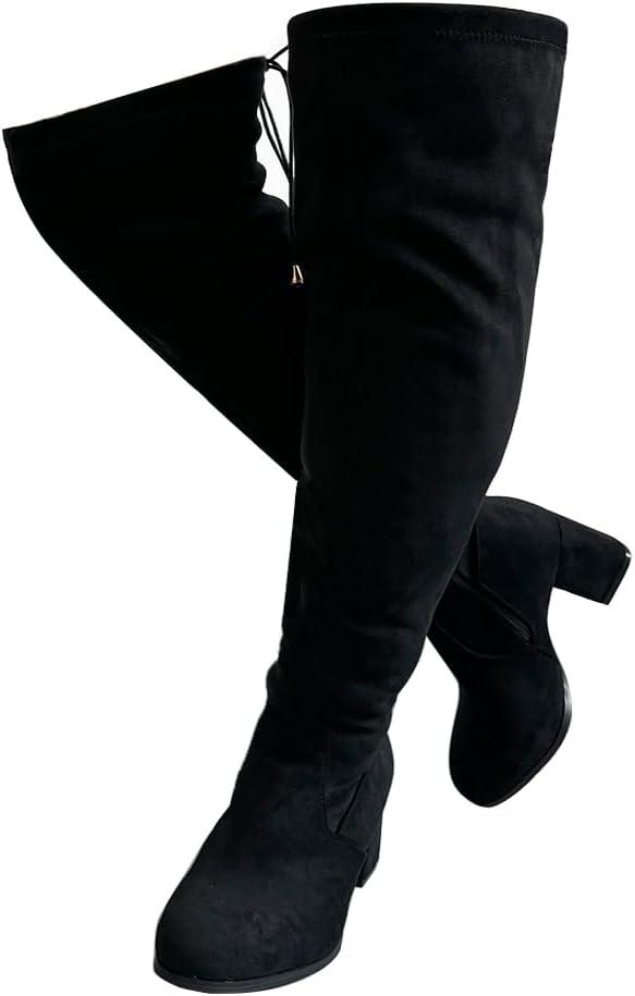 YING LAN Women's Wide Calf Over The Knee Pull On Chunky Block Heel Tall Boots 8.5