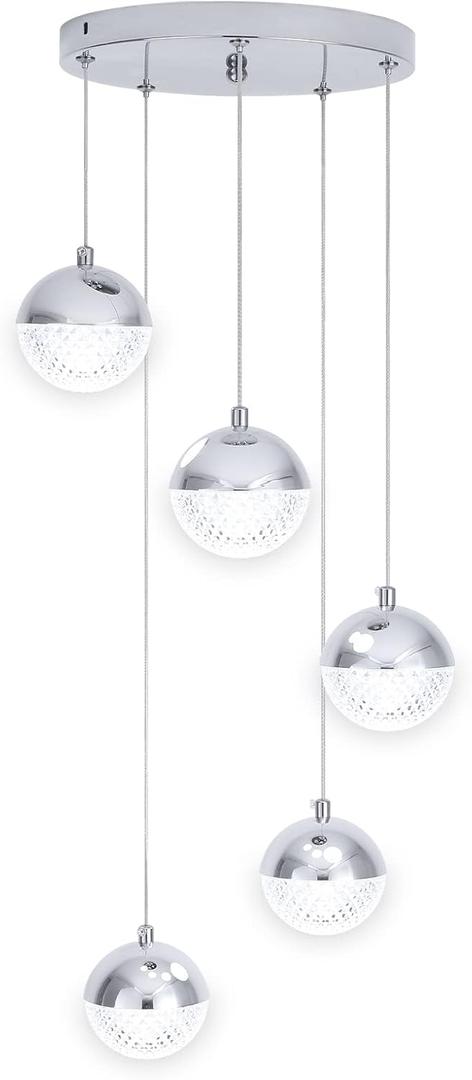 Chrome Crystal Pendant Lights 5000k Daylight White,5-Light Led Modern Brushed Nickel Light Fixtures Ceiling Hanging, Glass Globes Pendant Lighting for Kitchen Island Bedroom Dining Room Foyer