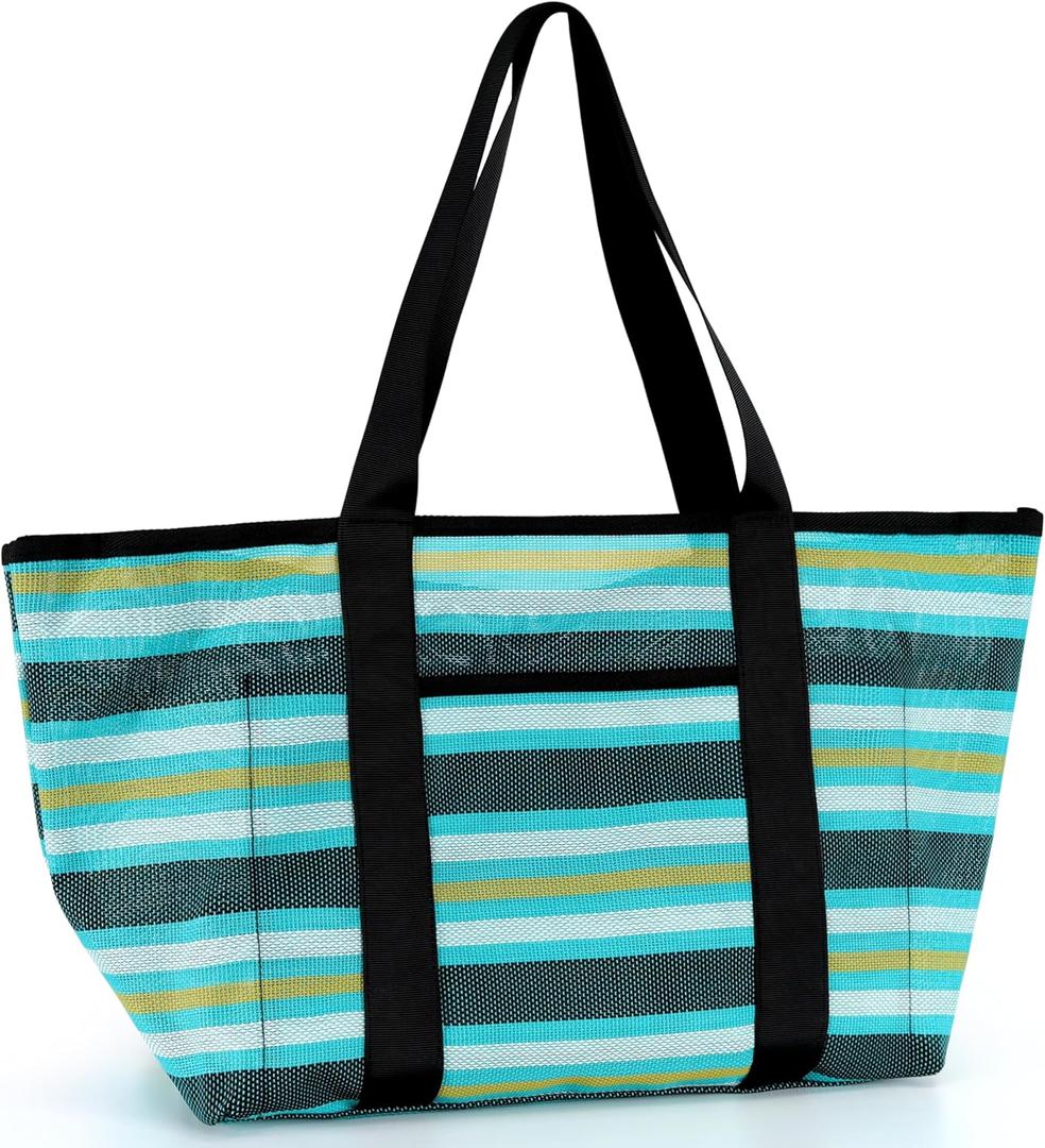 Beach Tote Bag for Women, Lightweight Foldable Waterproof Mesh Pool Bag (Tropical Striped)