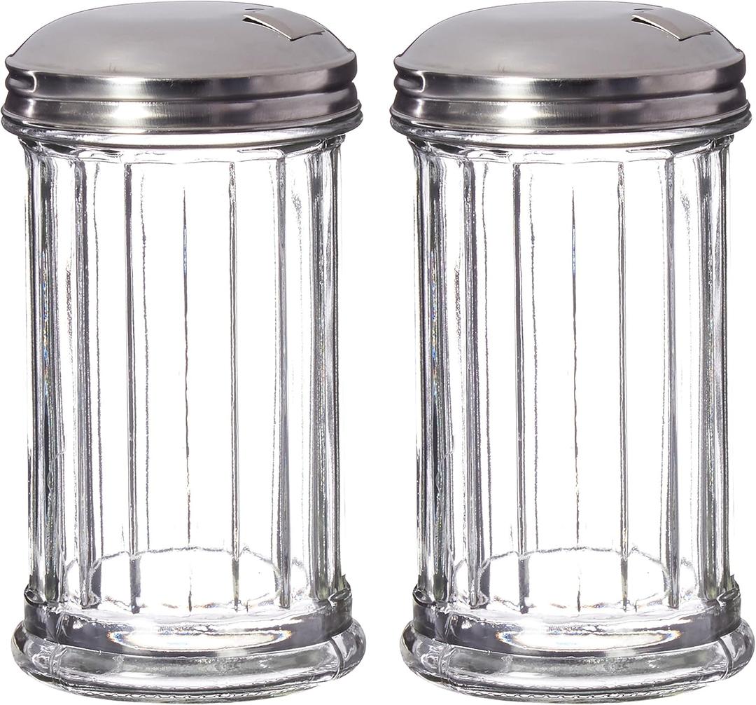 2 Pack Salt Sugar Shaker dispenser - Powder Sugar Dispenser Canisters - Small glass Sugar Container with lid - Spice, Cinnamon, Baking Soda, Pourer Jar holder for Coffee Bar Countertop