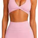SUUKSESS Women Workout Padded Halter Sports Bras Yoga Twist Deep V Crop Tank Tops (Pink, L)