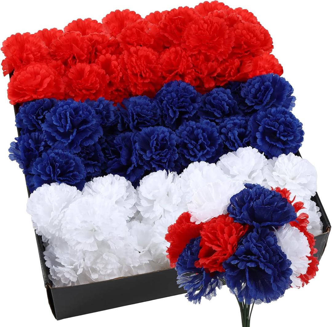 Thiccywoov 180 Pcs Red Blue White Carnations Artificial Flowers 4th of July 250th Anniversary Decor Fake Silk Patriotic Carnation with 6" Stem for Memorial Veterans Day Cemetery Wreaths DIY Crafts