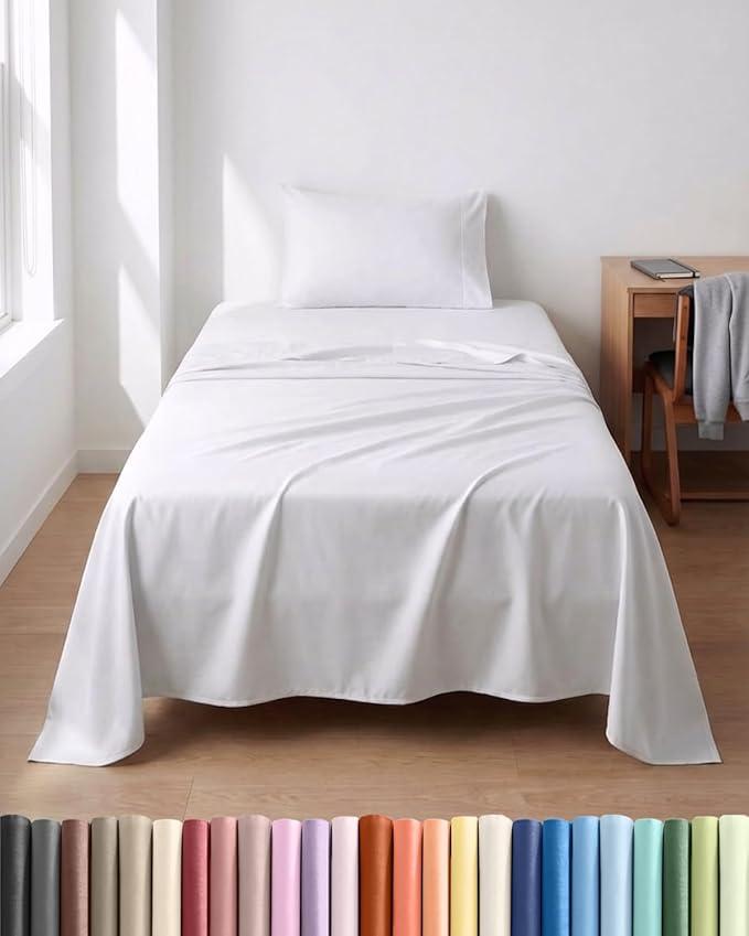 Lightweight 3 Piece Bed Sheet Set Twin XL Size - Cooling Sheets for Hot Sleepers - Soft Breathable Bedding Set w/ 8-16 Inch Deep Pockets - 1 Flat & 1 Fitted & 1 Pillowcase - Wrinkle Resistant - White