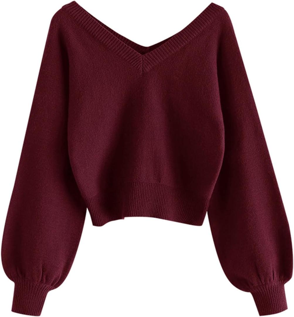 ZAFUL Women's Raglan Long Sleeve Double Side V Neck Short Crop Sweater Casual Loose Fit Knit Top Sweaters (Red)