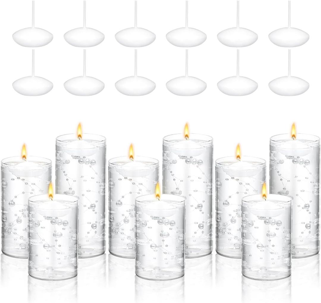 Hoolerry 9 Set Glass Cylinder Vases for Centerpieces, Multiple Size Clear Hurricane Candleholder with Floating Candles Artificial String for Wedding Table Decor(4.7", 6", 8",White)