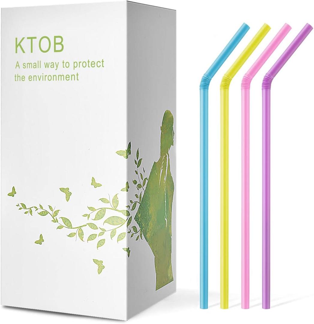 KTOB Biodegradable Flexible Drinking Straws - 200 Count 100% Plant-Based Compostable Colorful Eco Friendly Alternative to Disposable Plastic Straws (Assorterd Colors)