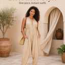 Likemary Halter Top Harem Jumpsuits for Women - Comfy One Piece Romper with Pockets - Sexy Boho Vacation Outfit for Summer (Beige) One Size