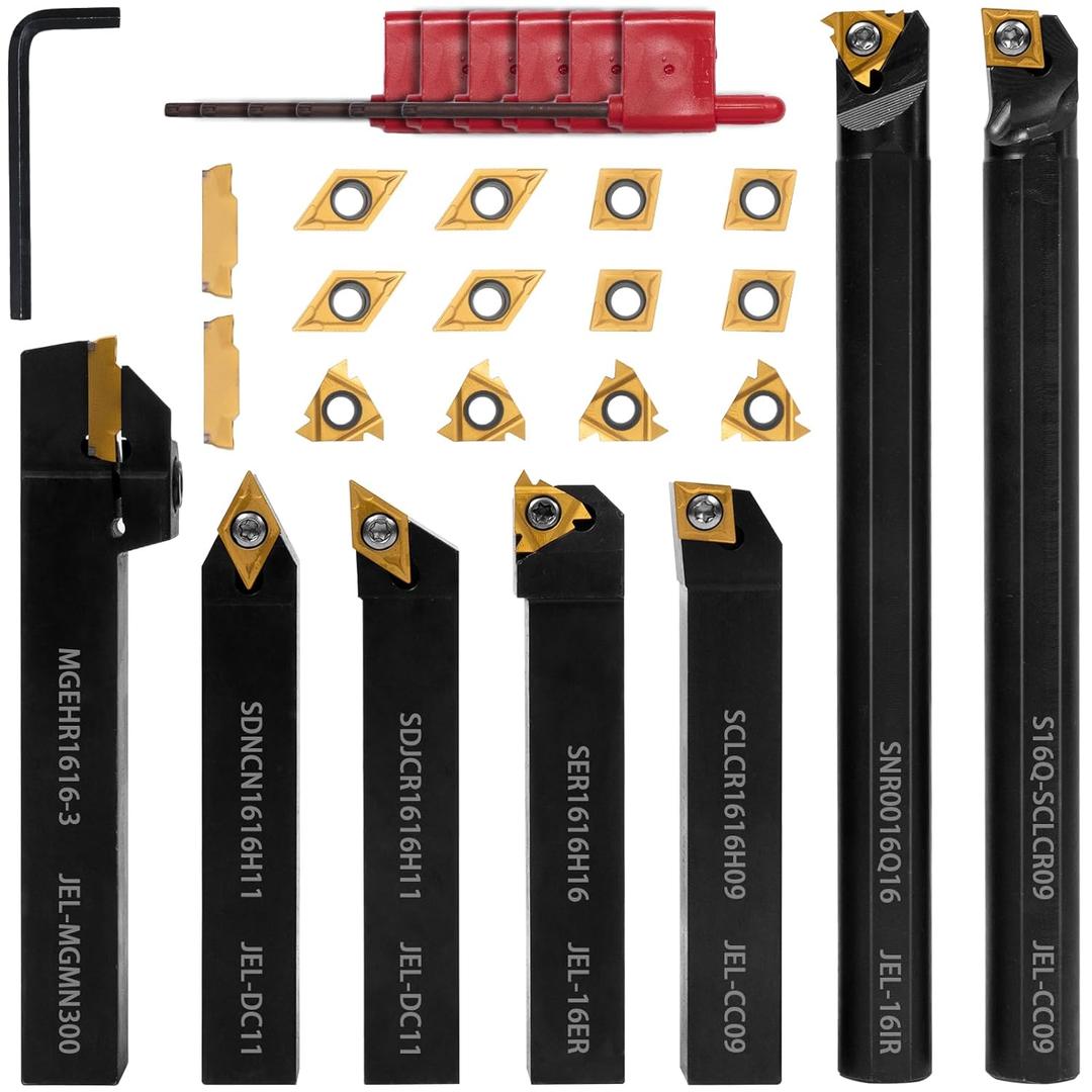 Indexable Lathe Turning Tool 21Pcs Kit,7 Pcs Metal Lathe Tool Holder Set and 14 Pcs Turning Inserts,5/8'' 16mm Shank with Carbide Inserts for Turning Grooving Threading Boring