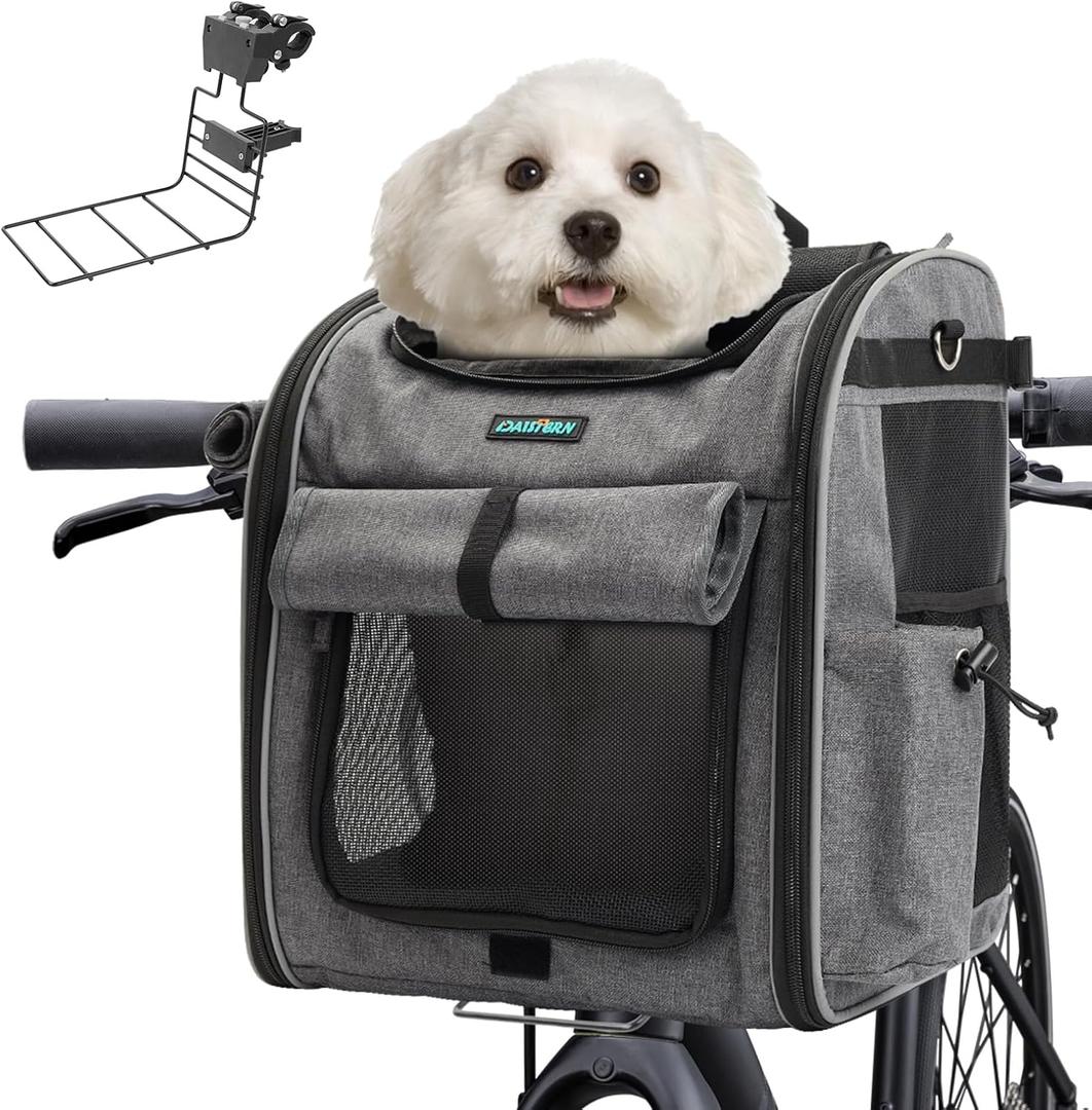 Foldable Front Bike Basket for Dogs, 4-in-1 Pet Carrier Backpack/Shoulder Bag/Car Seat with Heavy-Duty L-Shaped Mount 2.17 inch, Waterproof Cushion & Reflective Strips, Supports Up to 22lbs