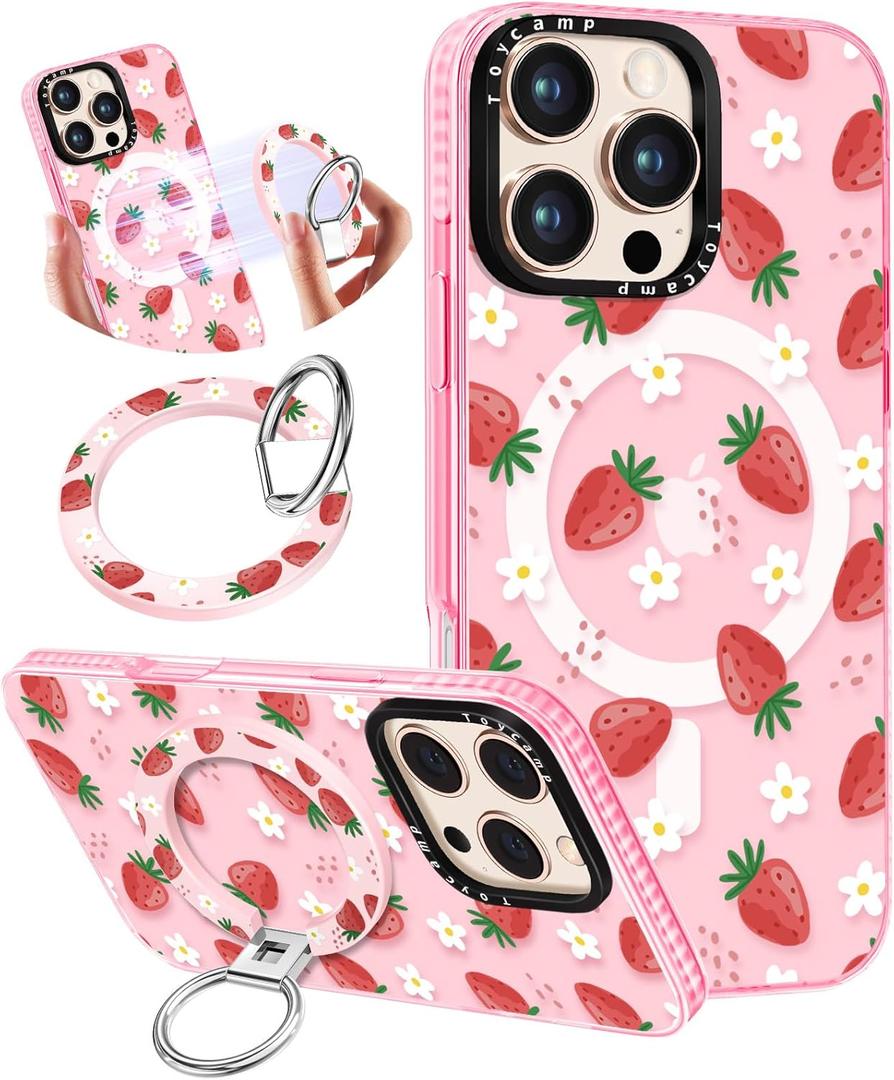 Toycamp for iPhone 16 Pro Case Compatible with Magsafe - Cute Design 360 Magnetic Ring Holder Stand Kickstand Funny Strawberry Girly Pretty Fashion TPU Phone Covers for Women Tenn Girls