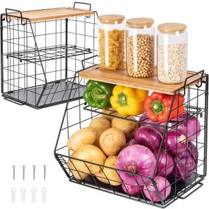 Fruit Basket for Kitchen with Bamboo Cutting Board 2 Set, 3 Tier Stackable Wire Wall Basket, Onion Potato Vegetable Storage for Countertop Floor Cabinet Shelf