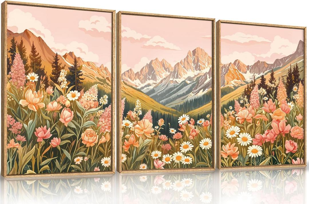 LHIUEM Large Abstract Colorful Mountain Framed Canvas Wall Art,Boho Pink Flower Wall Decor, Nature Wildflower Wall Painting,Bohemian Artwork for Living Room,Bedroom,Dining Room,Office -16"x24"x3