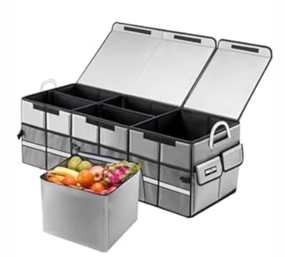 Heavy-Duty Extra Large 100L Premium Foldable Car Trunk Organizer with Lid + 26L Cooler Bag, Waterproof Robust Durable 1680D Oxford & Multi-Compartment Collapsible for SUV, Truck, Van, Sedan (Gray)