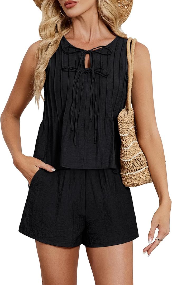 Blooming Jelly Womens Two Piece Sets Pleated Vacation Outfits Resort Wear Beach Linen Set Cruise Summer Matching Set 2025 (Black, L)