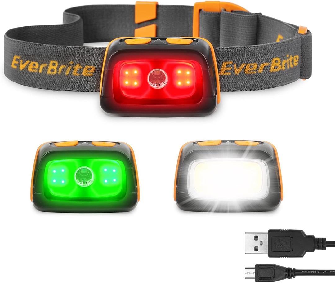 EverBrite Rechargeable Headlamp 350 Lumens, Red Green White Light & Tail Light, 7 Modes with Memory Function, Stepless Dimming, 30 Adjustable Head Lamp for Trail Running, Camping, Hunting (Orange)