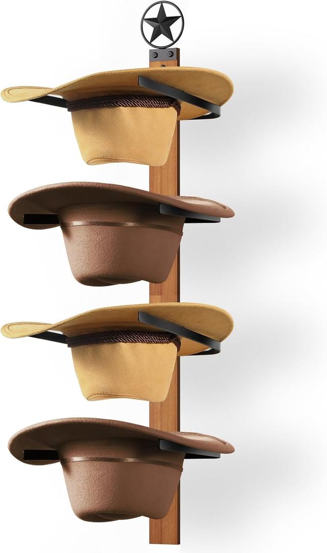 Cowboy Hat Rack, 4-Piece Western Hat Rack For Wall with Natural Wooden Board, Gift Cowboy Hat Holder for Wall Dcor Keeps Original Shape of Hat