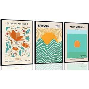 3Pcs Bauhaus Mid Century Modern Wall Art Retro flowers Exhibition Canvas Posters Prints Green Orange Boho Geometric Minimalist Wall Decor Sun Waves Shapes Abstract Pictures for Bedroom Living Room