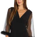 Elegant Feather Trim Wrap Mini Dress W/Illusion Long Sleeves, Ruched Waist & Rhinestone Brooch (Black) 10P