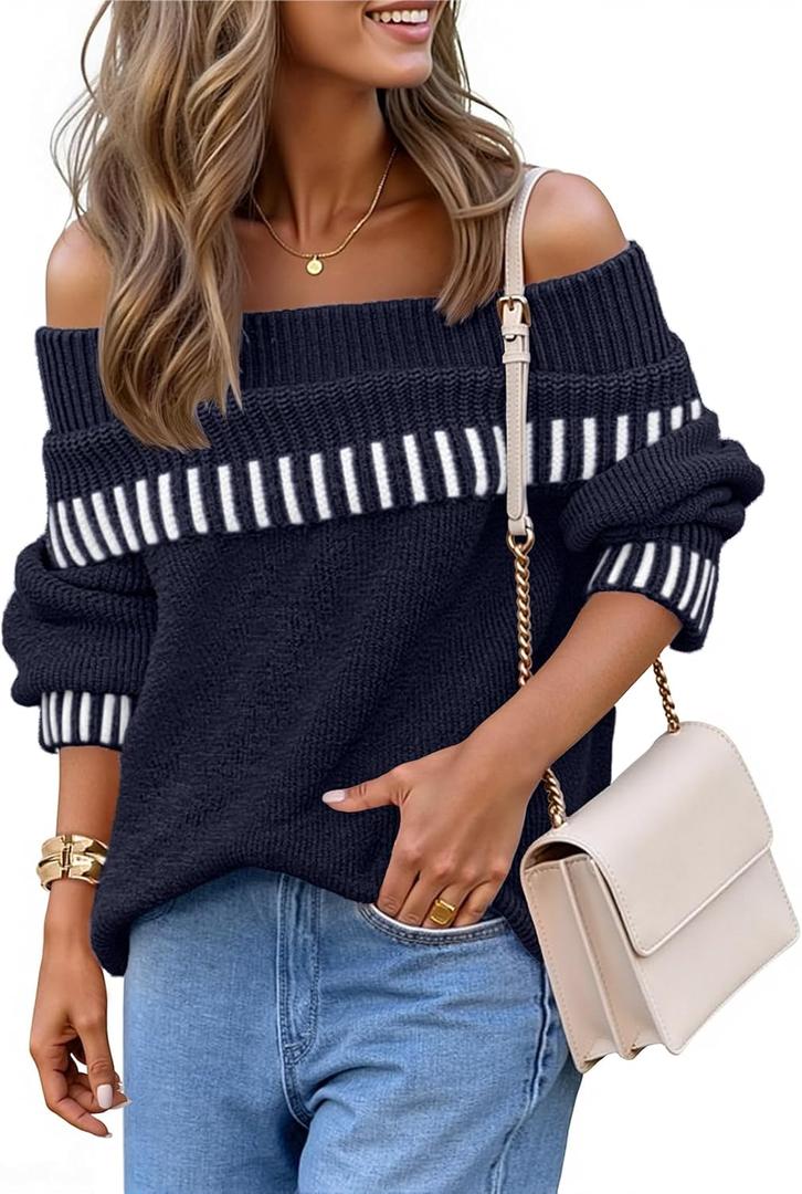 MEROKEETY Women's Off Shoulder Sweater 2025 Fall Winter Fashion Oversized Ribbed Knit Striped Pullover Tops (Large, Navy)
