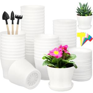 48 Pack Plastic Planters 4 Inch Flower Plant Pots Indoor Set Thickened Seedling Nursery Pots Seed Starting Pots with Drainage Holes Saucers, Mini Garden Tools for Home Office Garden, White