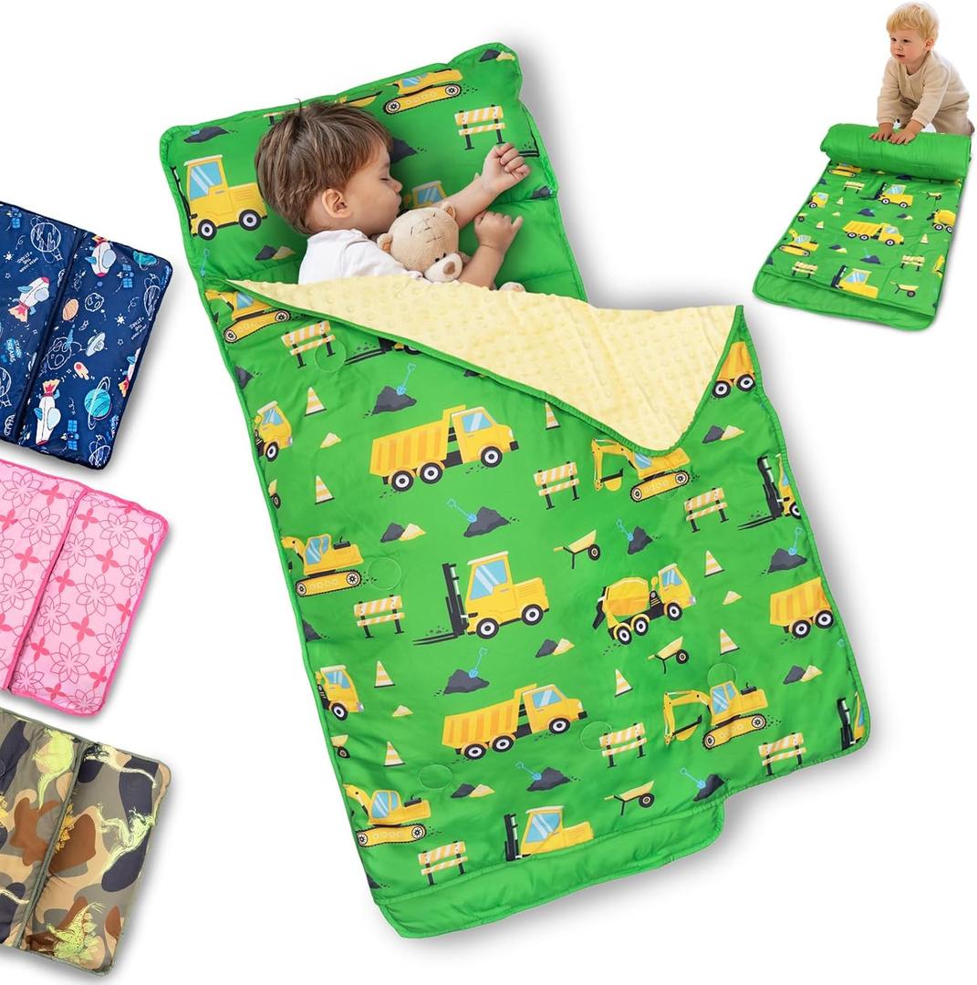Primlect Toddler Nap Mat with Removable Pillow and Fleece Blanket, Extra Large 55''x35'' Sleeping Bag, Washable, Light, Easy to Roll up, Perfect for Daycare, Preschool, Kindergarten, Travel