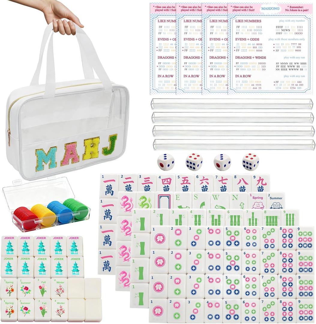 Mini Mahjong Set,American Mahjong Game Set,Complete Mahjong Tile Set with 166 White Tiles (1.2),4 Tile rulers,4 dice,1 Bag,100 Chips,5 Instruction Manuals,Mahjong Game Gift for Enthusiasts