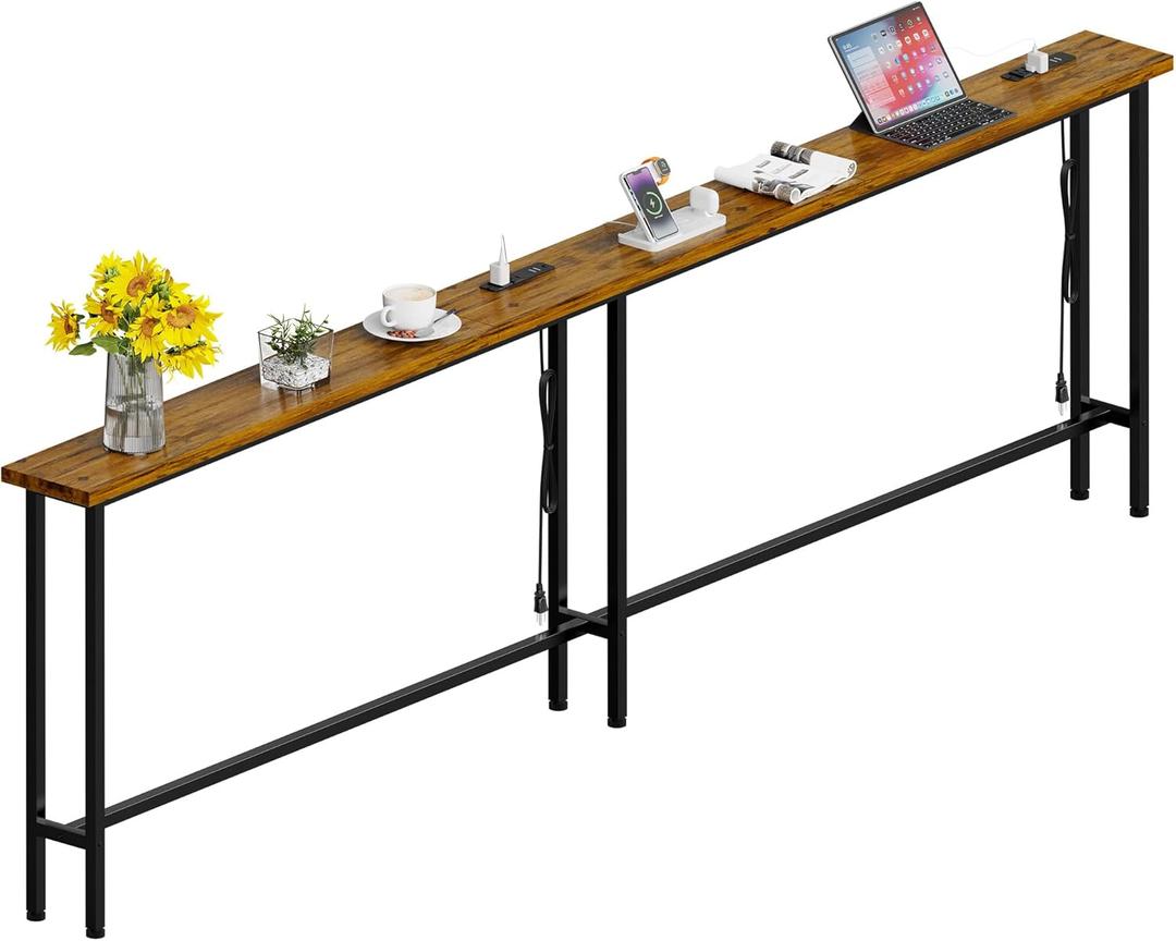 GRLEAF 102" Sofa Table with Built-in Power Strip (4 AC Outlets & 4 USB Ports) 4.9ft Power Cord, Metal Frame, Easy Assembly, Long Couch Table Behind Sofa, Living Room and Home Office | Rustic Brown
