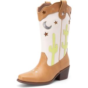 DREAM PAIRS Girls Cowboy Boots Cowgirl Mid Calf Western Boots with Low Heel Square Toe for Little Kid/Big Kid Beige/Tan, Size 4