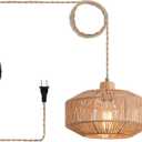 Hchunqjor Coastal Woven Plug in Pendant Light with 14ft Handmade Hemp Rope Light Cord, Dimmable Switch, Natural Basket Hanging Lamp for Bedroom Kitchen Island Decor Farmhouse Living Room