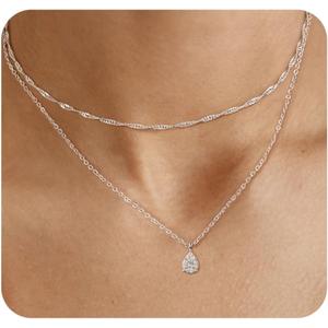 ACECHA Silver Layered Necklaces for Women, Dainty Singapore Chain Choker Necklace with Simple Diamond Pendant Trendy Charm Jewelry Gifts