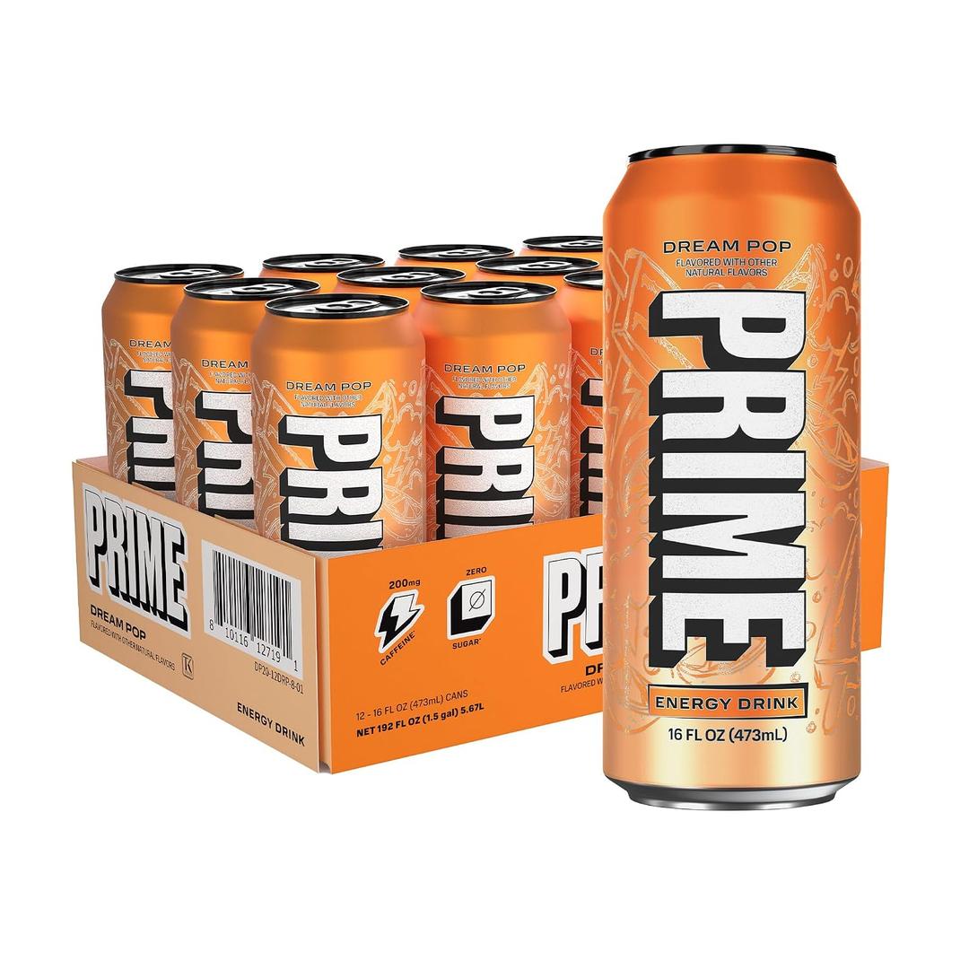 PRIME Energy DREAMPOP, Sugar Free Energy Drink, 200mg Caffeine and 355mg of Electrolytes for Hydration, Low Calorie, Vegan, Gluten Free, 16 Fluid Ounce, 12 Pack (EXP 09/01/27)