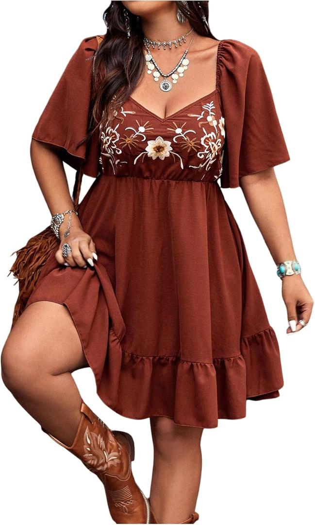 Verdusa Women's Plus Size Western Boho Floral Dress Cowgirl Country Concert Vacation Outfits Flowy Summer Dresses (Brown, XL)